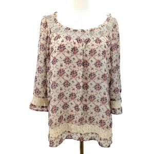 Boho Romantic Floral Crochet Neckline Blouse L | Cottagecore Sheer Layered Top